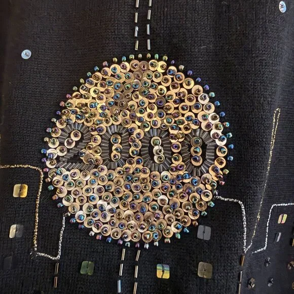 Vintage Y2K 2000 Beaded NYE Fireworks NYC City Skyline Merino Wool Cardigan XL - Picture 7 of 12